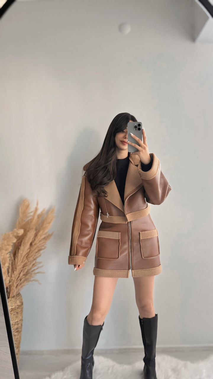 Hoti Deri Teddy Karışımlı Etek Ve Ceket Takım 