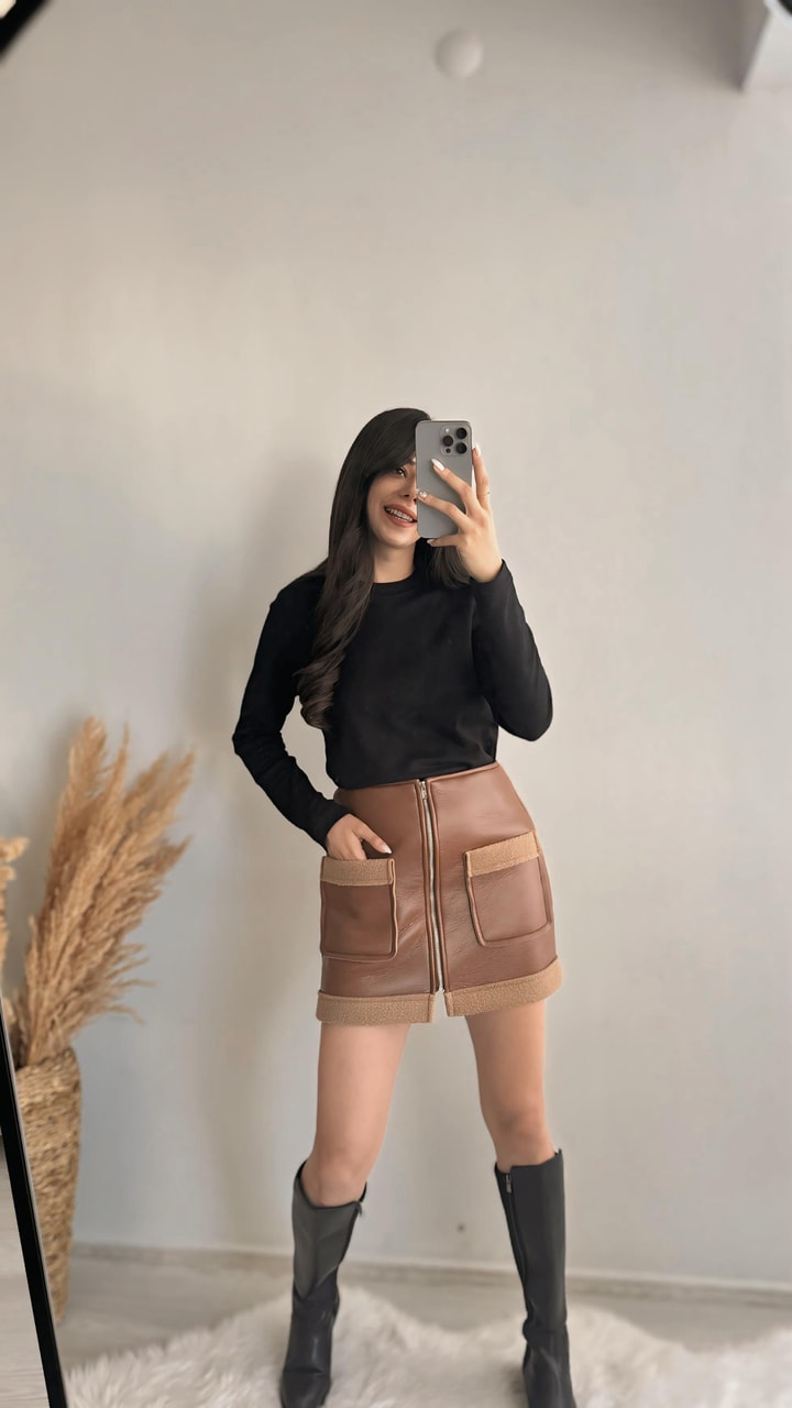 Hotic Deri Teddy Karışımlı Cepli Etek