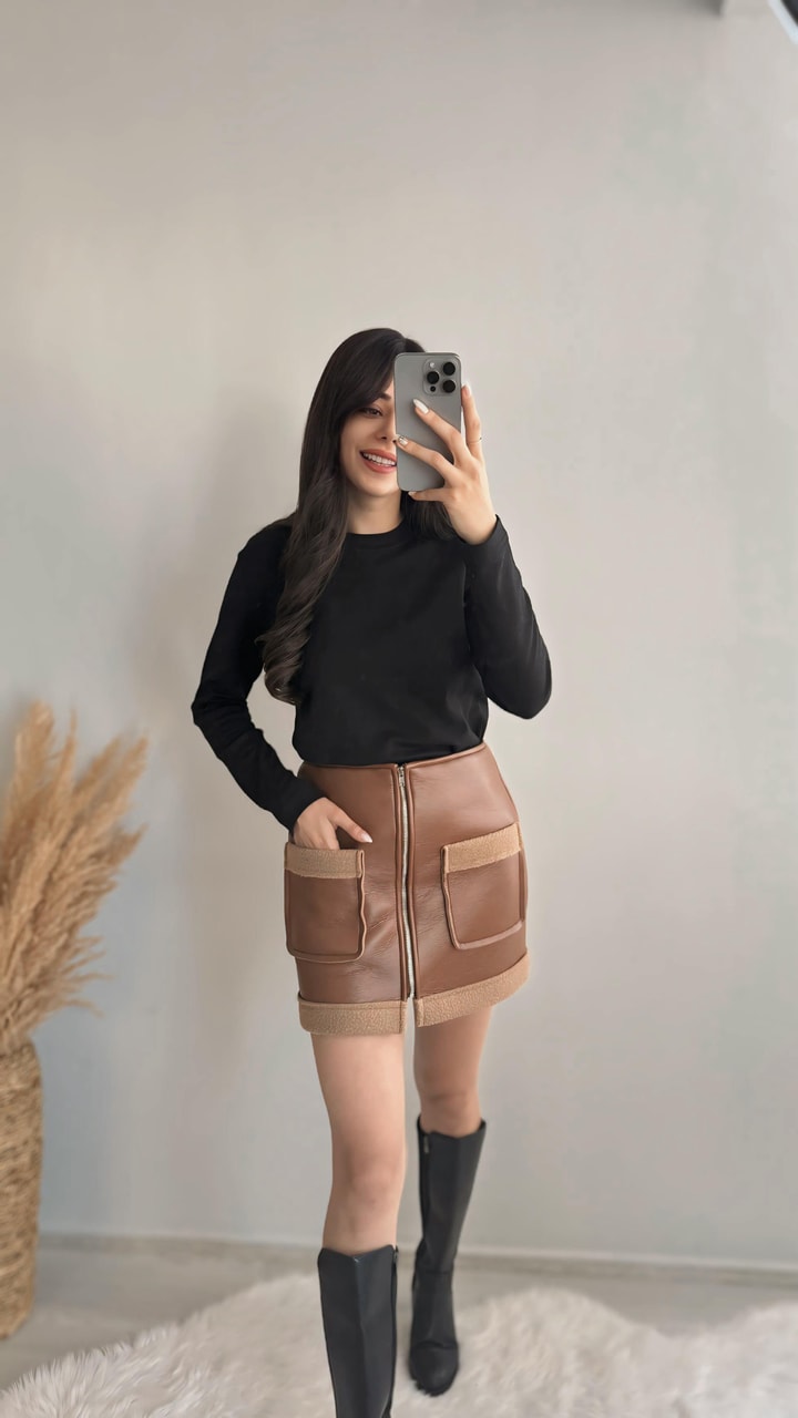 Hotic Deri Teddy Karışımlı Cepli Etek