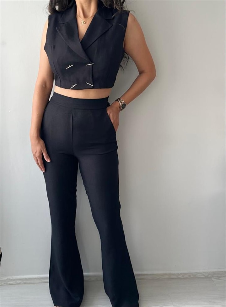 İspanyol paça Keten Kumaş Pantalon Siyah