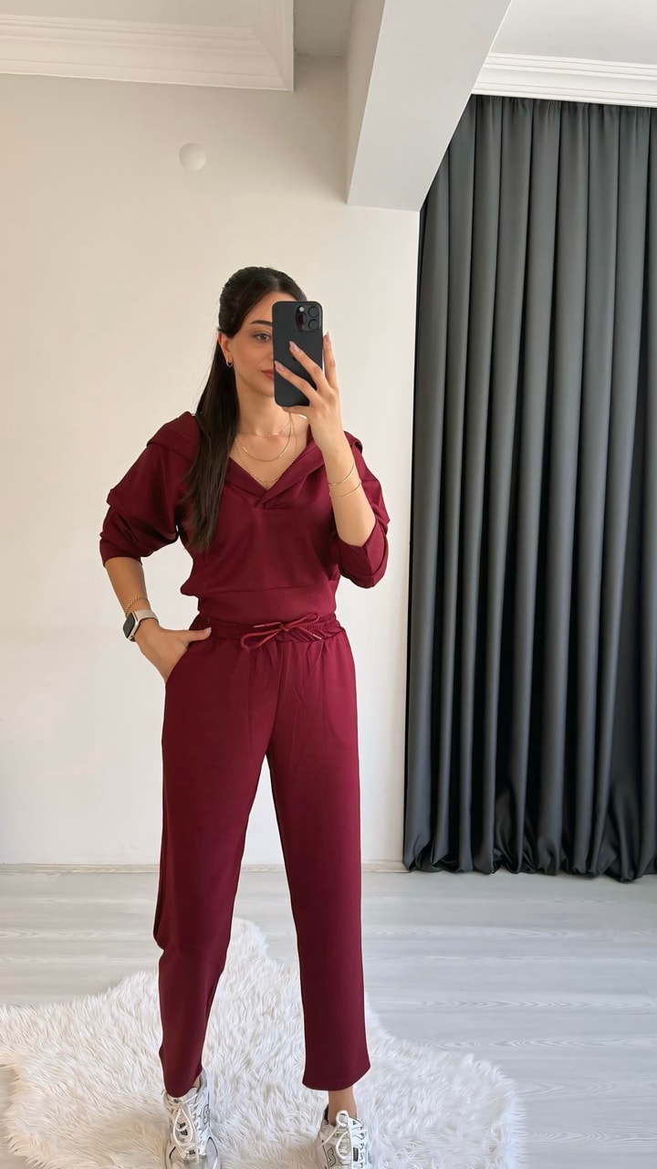 Jasper Oys Modal Kumaş Kapşonlu Takım Bordo