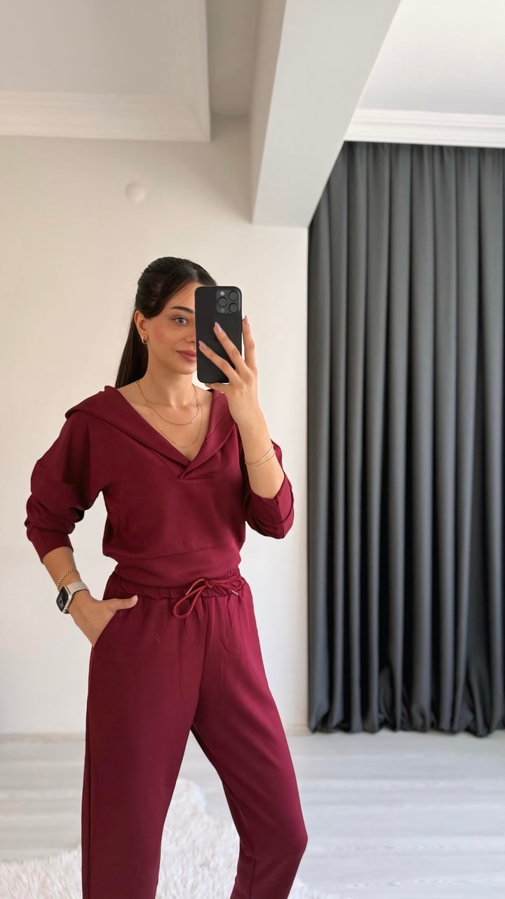 Jasper Oys Modal Kumaş Kapşonlu Takım Bordo