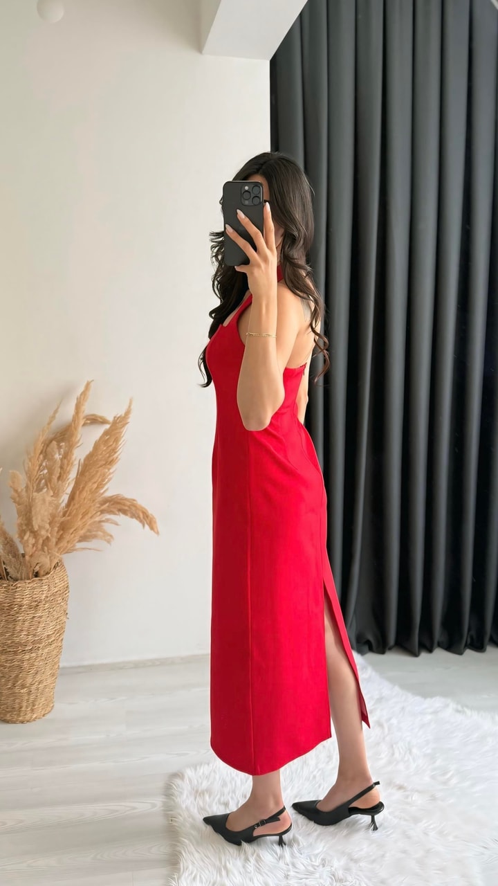 Jupiter Kırmızı Boyun Askılı Krep Elbise