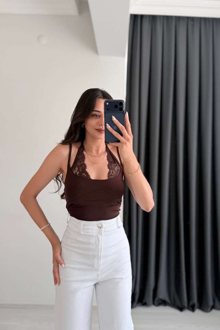 Kindy Kahverengi Dantel Detaylı Bodysuit