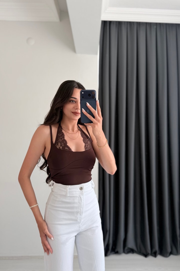 Kindy Kahverengi Dantel Detaylı Bodysuit
