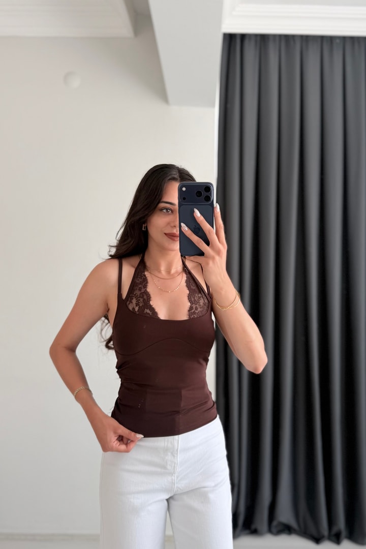 Kindy Kahverengi Dantel Detaylı Bodysuit