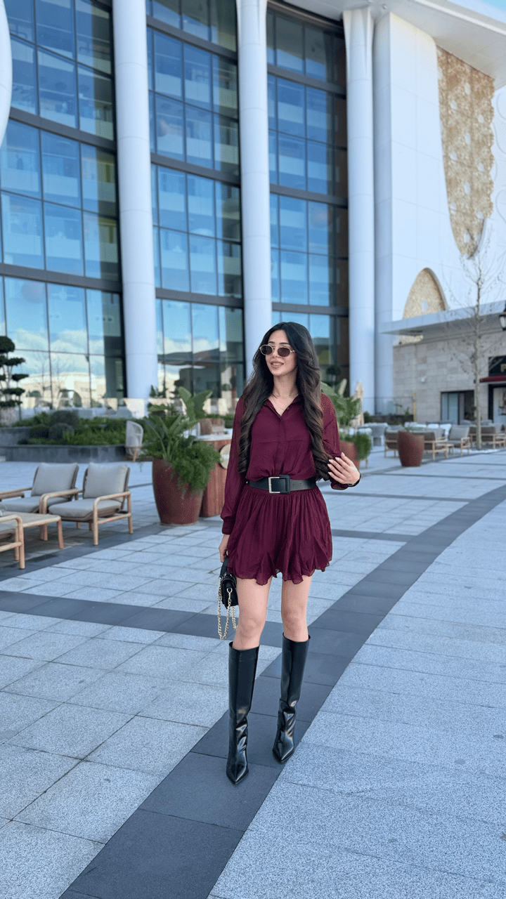 Kitya Bordo Kemer Detaylı Elbise