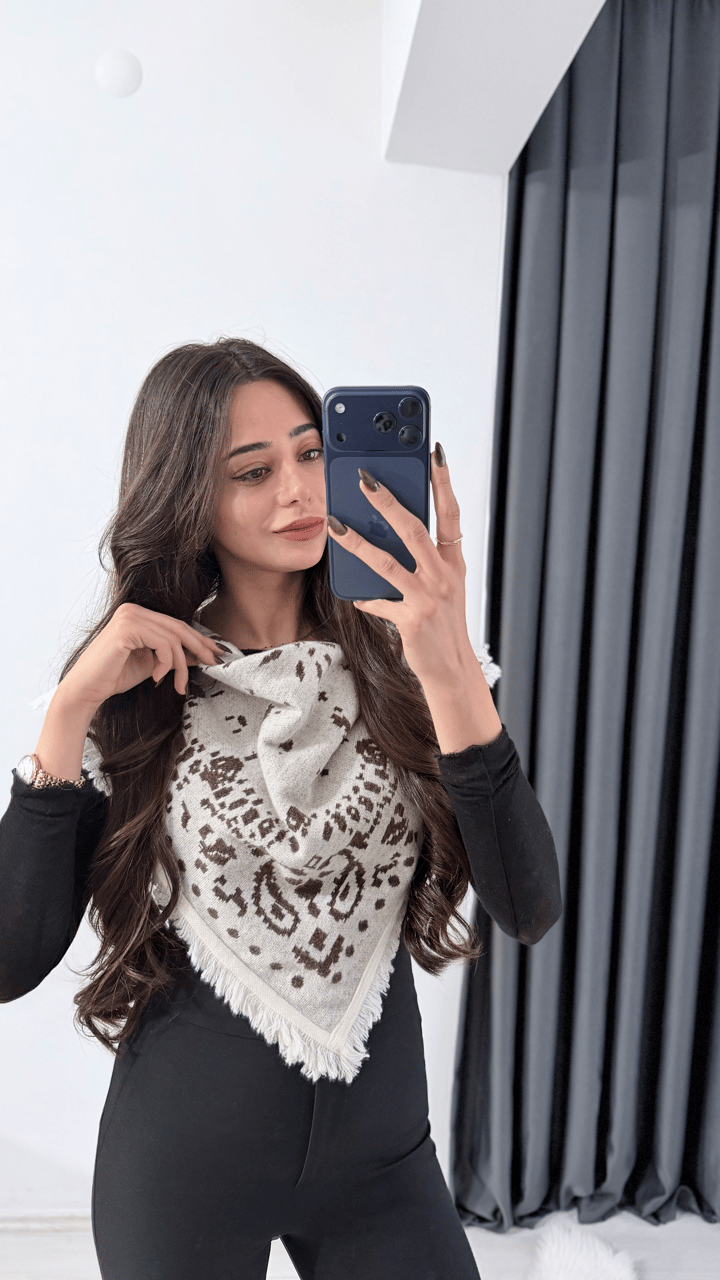 Kutjen Mini Desenli Şal Bej Kahve 