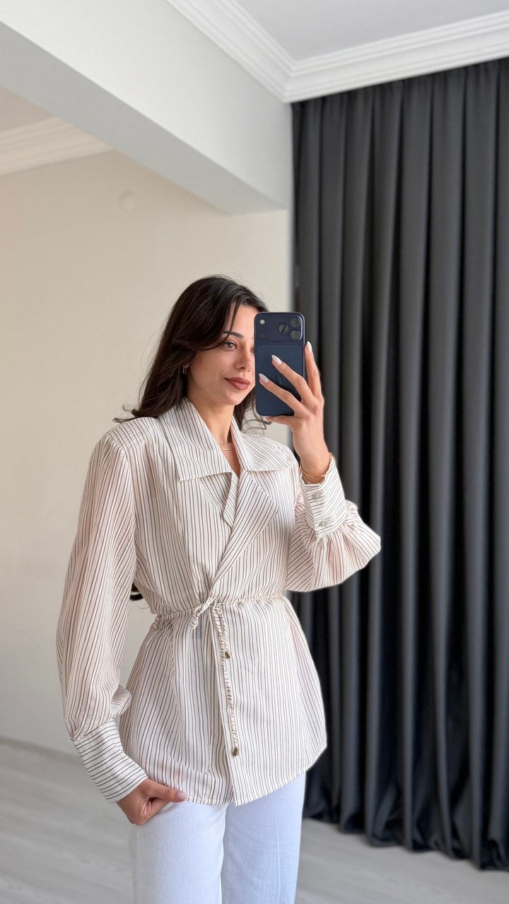 Kylie Premium Seri Vatkalı Kruvaze Tensel Bluz Kahverengi Çizgili