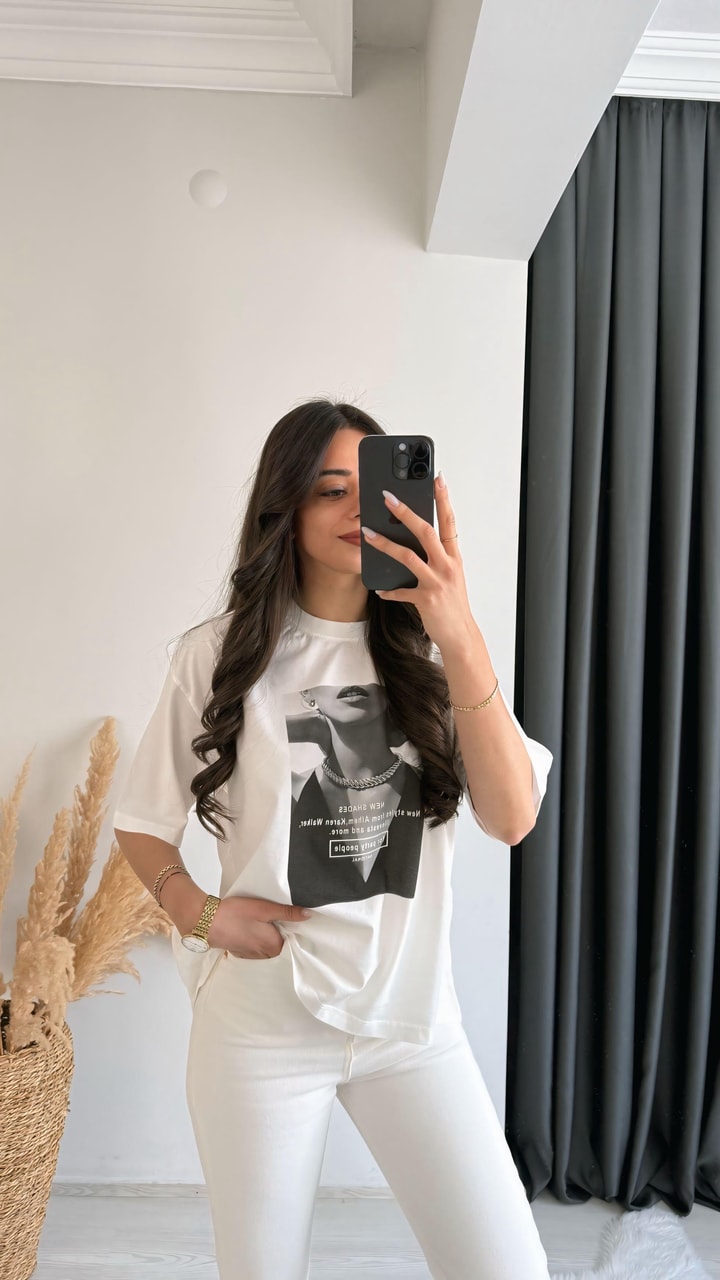 Laura Baskılı Pamuklu  Basic Tshirt Beyaz