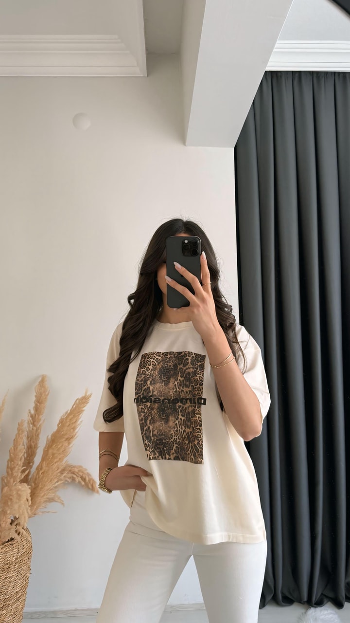 Leopar Baskılı Pamuklu  Basic Tshirt Bej