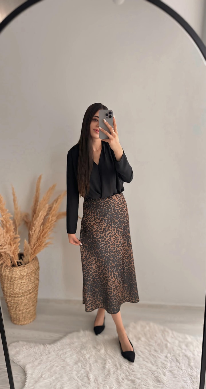 Leopar Desenli Saten Midi Etek Kahverengi