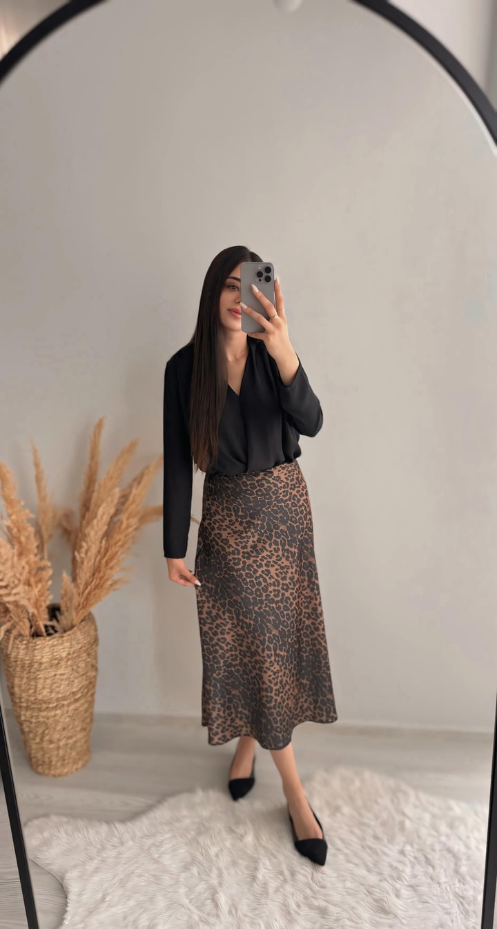 Leopar Desenli Saten Midi Etek Kahverengi