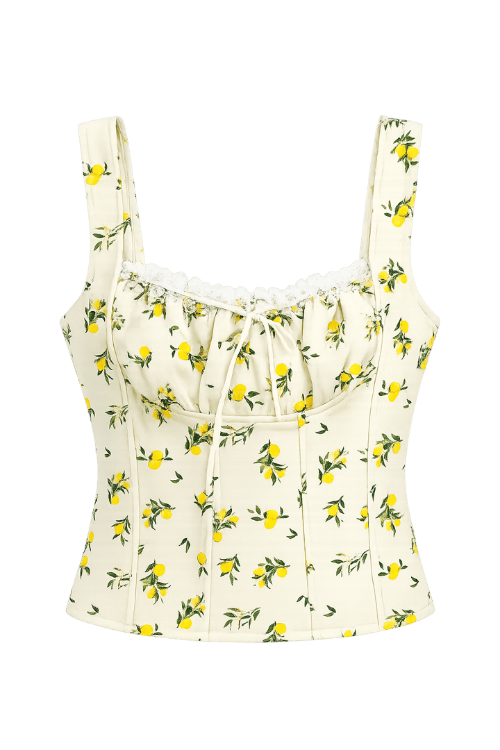 Lion Limon Desenli Sarı Crop Bluz 