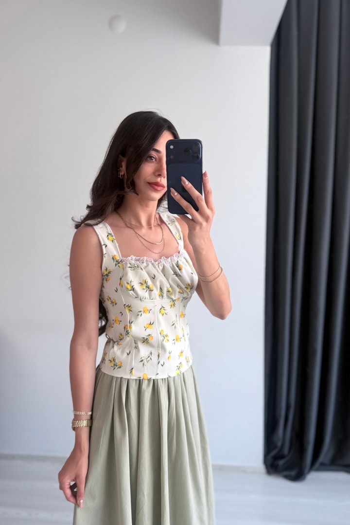 Lion Limon Desenli Sarı Crop Bluz 
