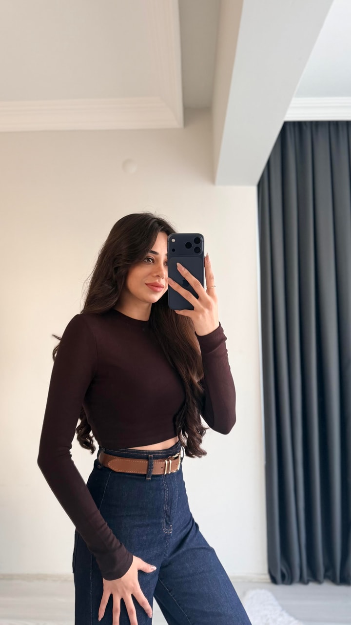 Lizzy Masi Tam Pamuklu Soft Touch Likralı Crop Body Kahve