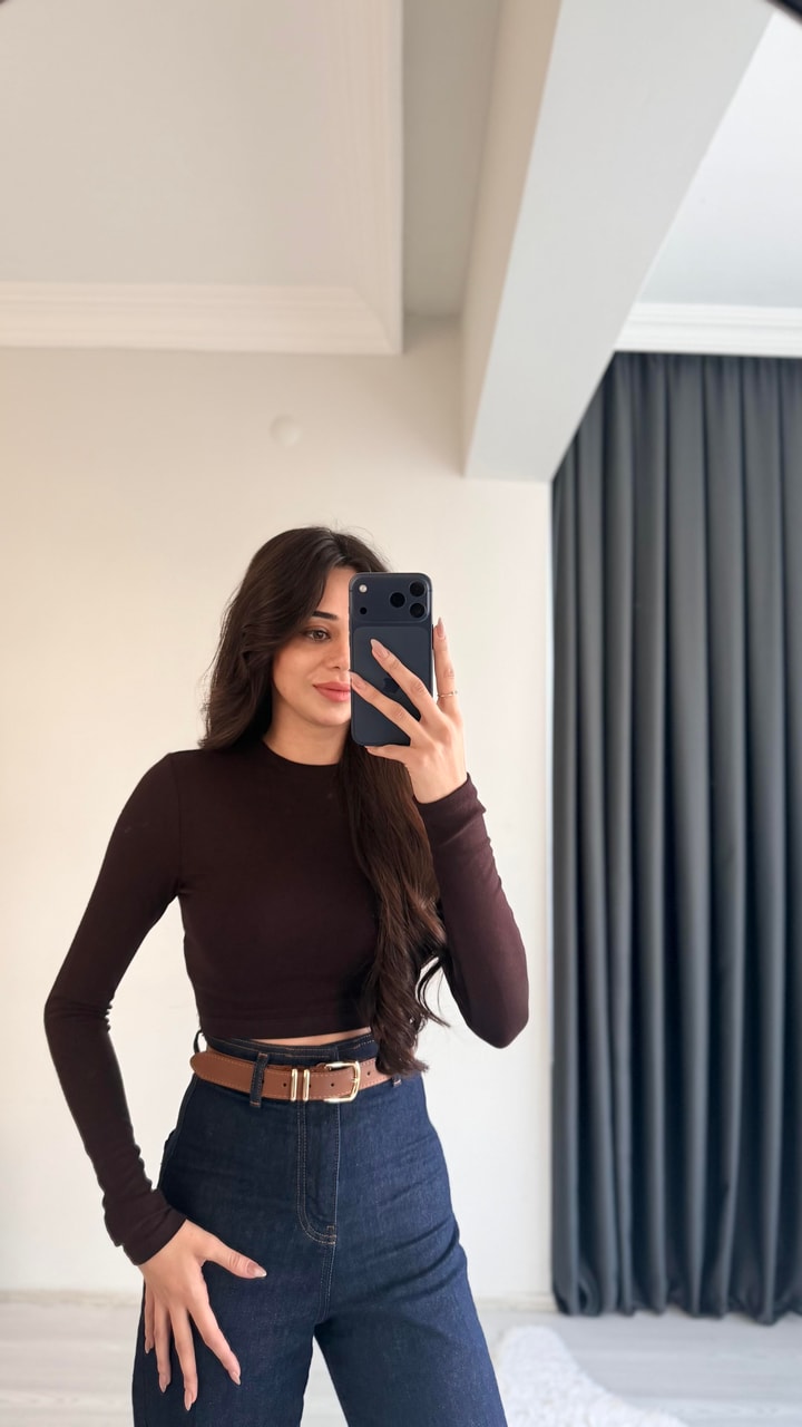 Lizzy Masi Tam Pamuklu Soft Touch Likralı Crop Body Kahve