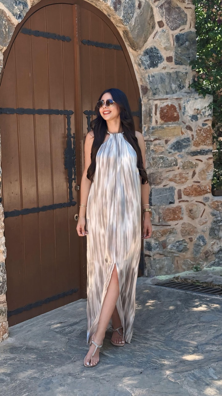 Lowa Boyun Detaylı Batik Elbise Gri Beyaz