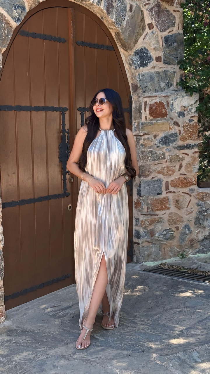 Lowa Boyun Detaylı Batik Elbise Gri Beyaz
