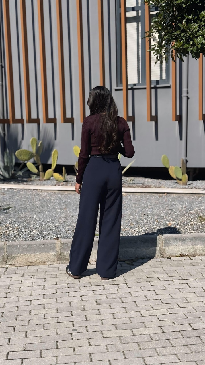 Lucas Kemerli Likralı Palazzo Lacivert Pantalon 