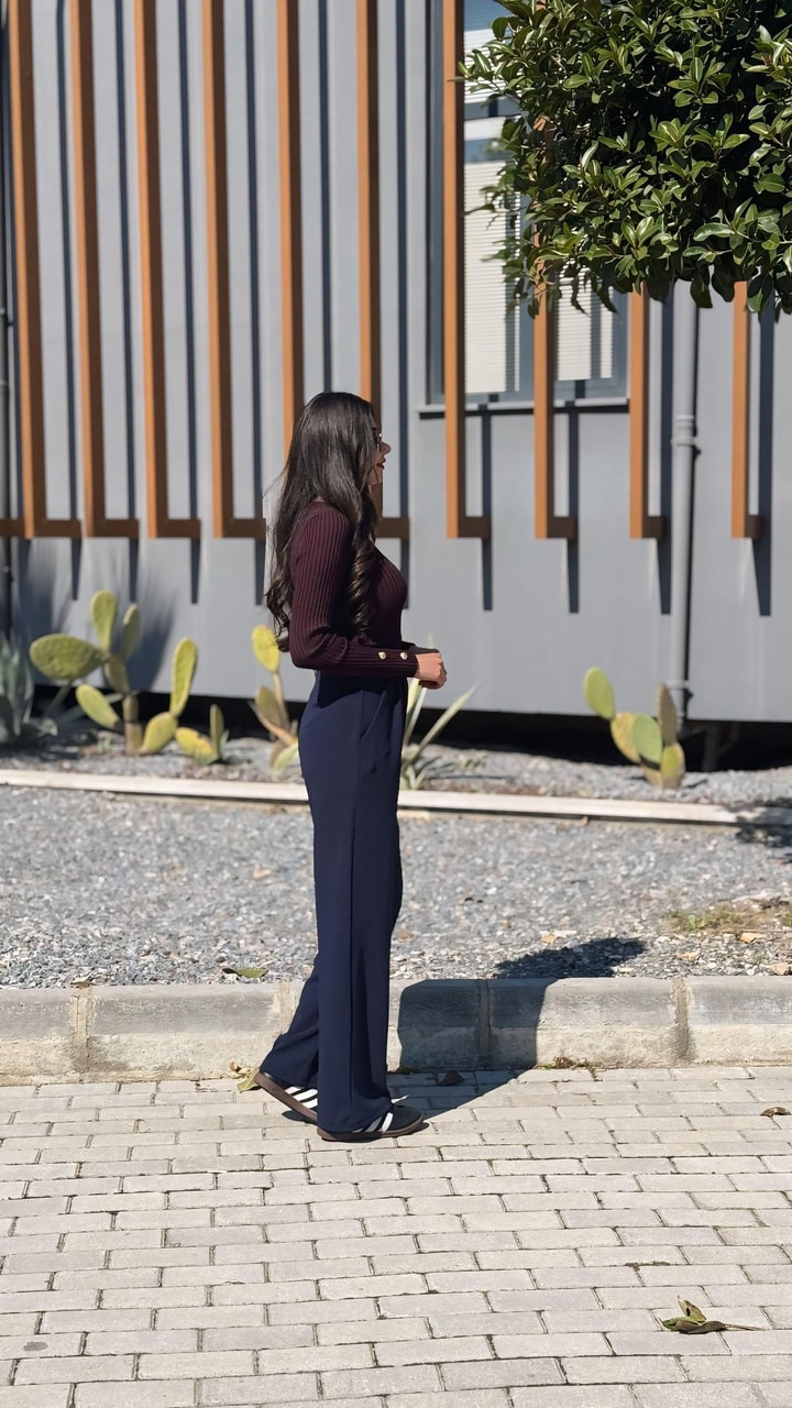 Lucas Kemerli Likralı Palazzo Lacivert Pantalon 
