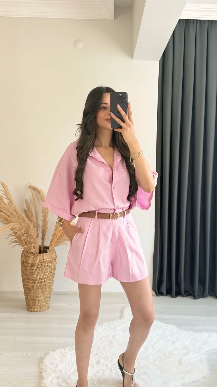 Mareis Pembe Gömlek Şort Keten Takım