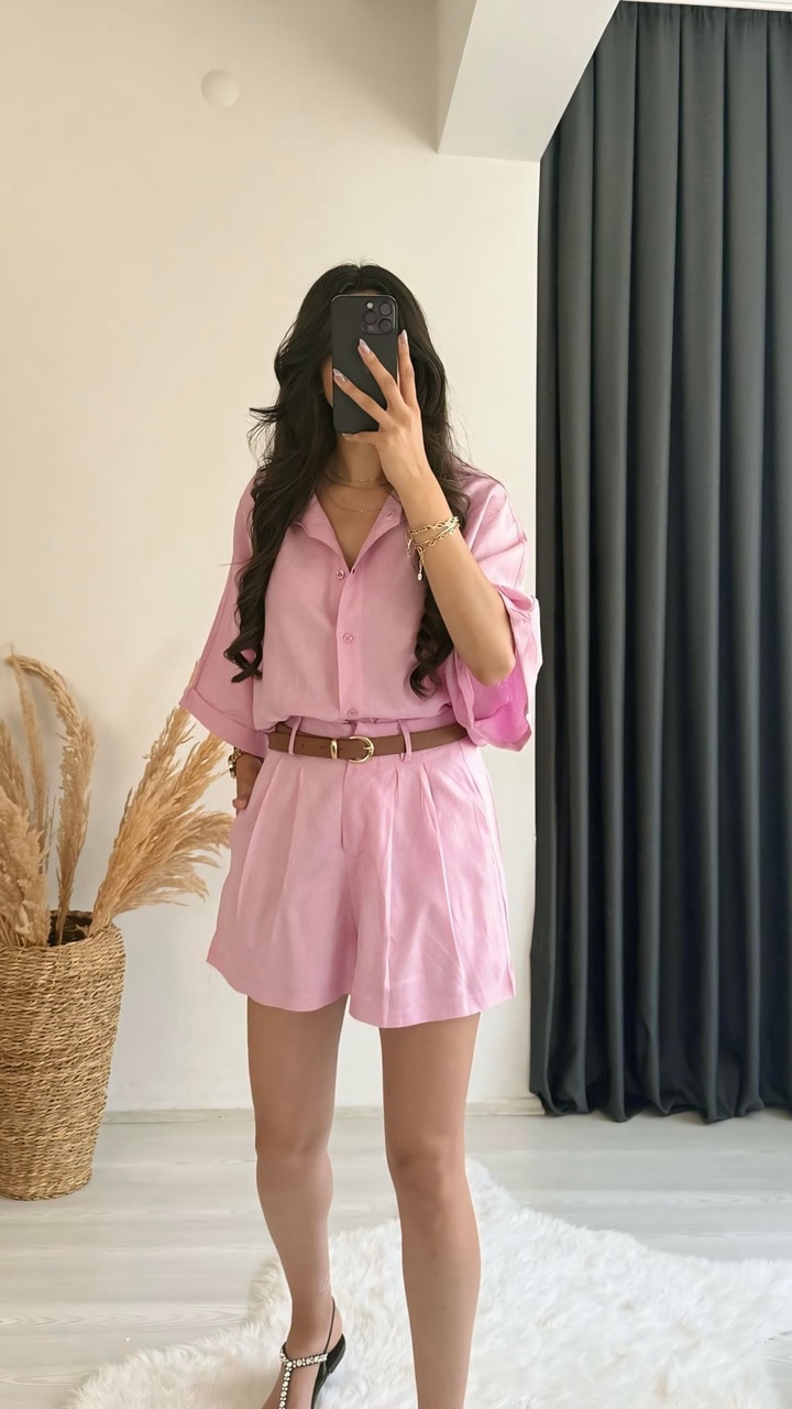 Mareis Pembe Gömlek Şort Keten Takım