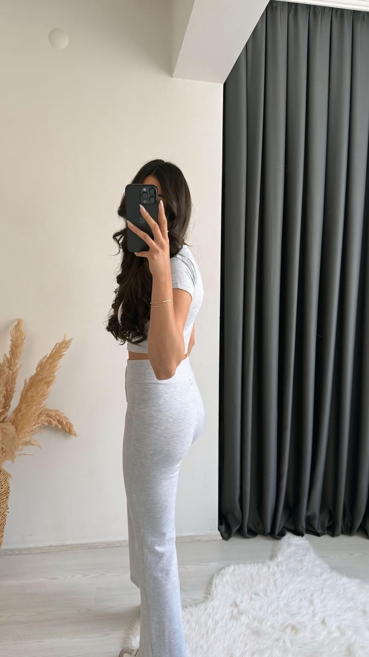 Mayra Orj Marka Gri Melanj Crop Pantolon İkili Takım