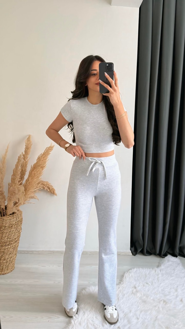 Mayra Orj Marka Gri Melanj Crop Pantolon İkili Takım