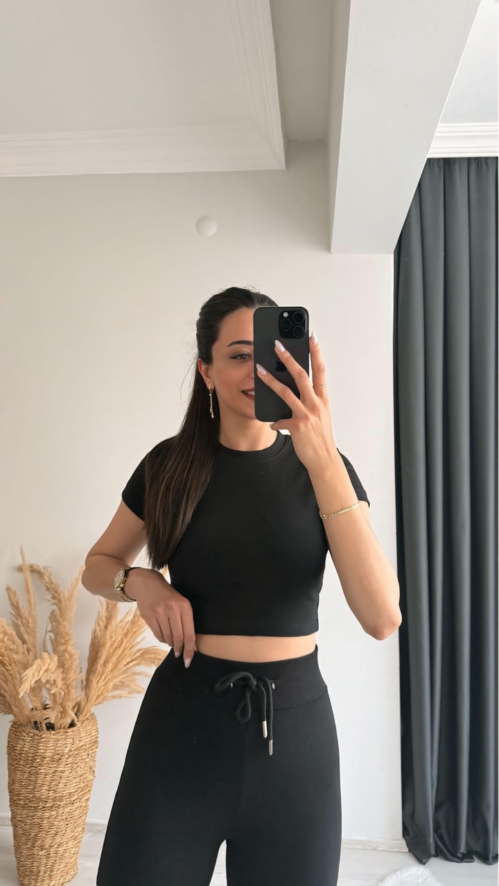 Mayra Orj Marka Siyah Melanj Crop Pantolon İkili Takım
