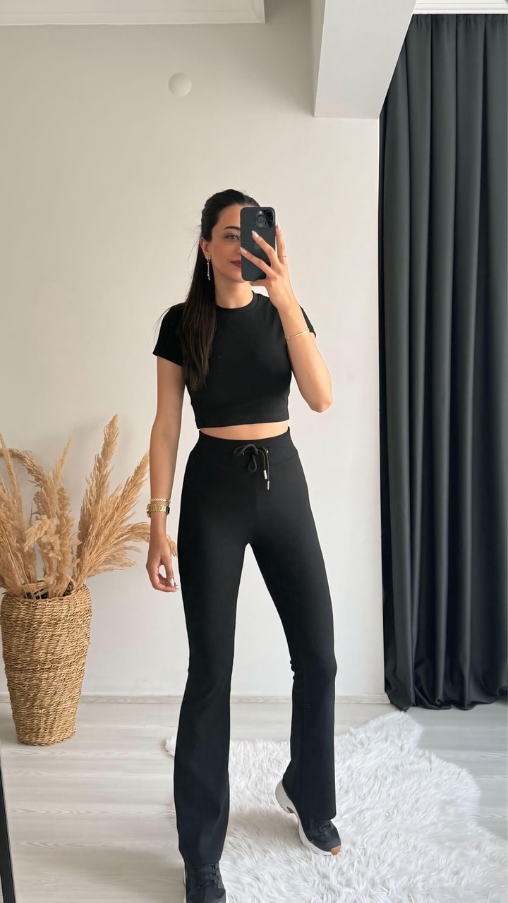 Mayra Orj Marka Siyah Melanj Crop Pantolon İkili Takım