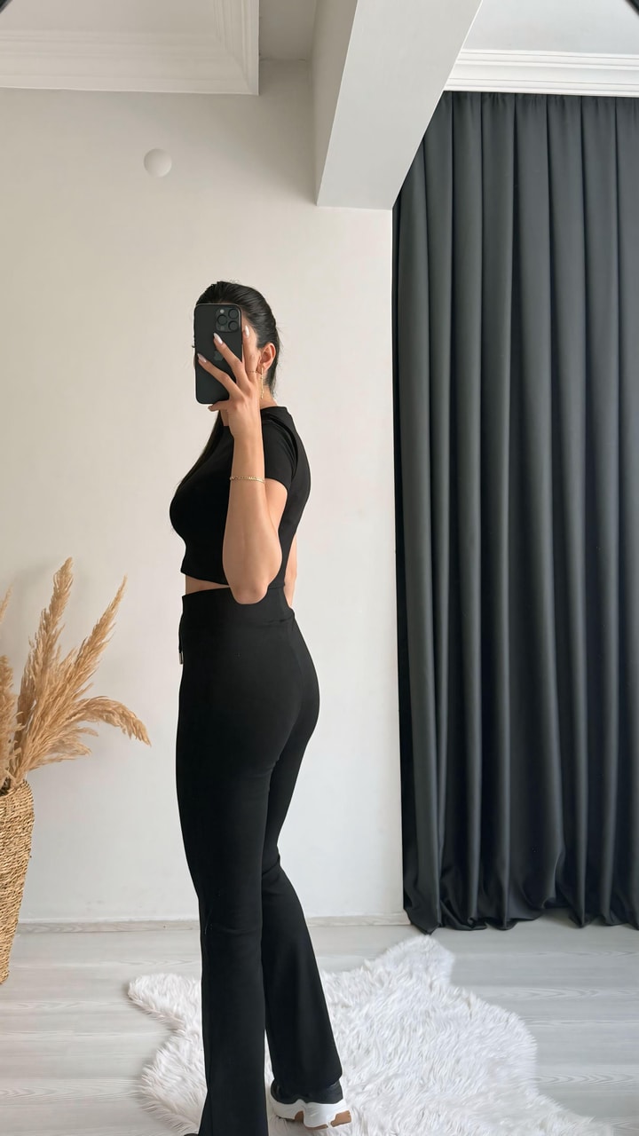 Mayra Orj Marka Siyah Melanj Crop Pantolon İkili Takım