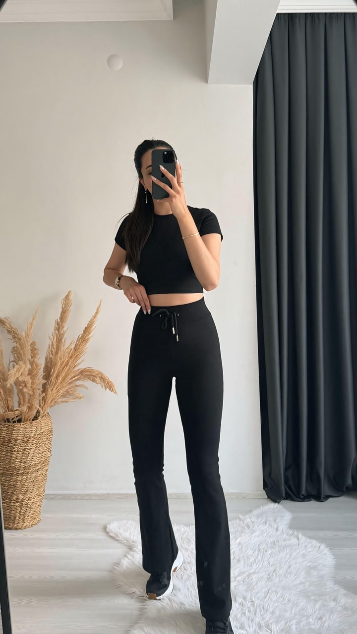 Mayra Orj Marka Siyah Melanj Crop Pantolon İkili Takım