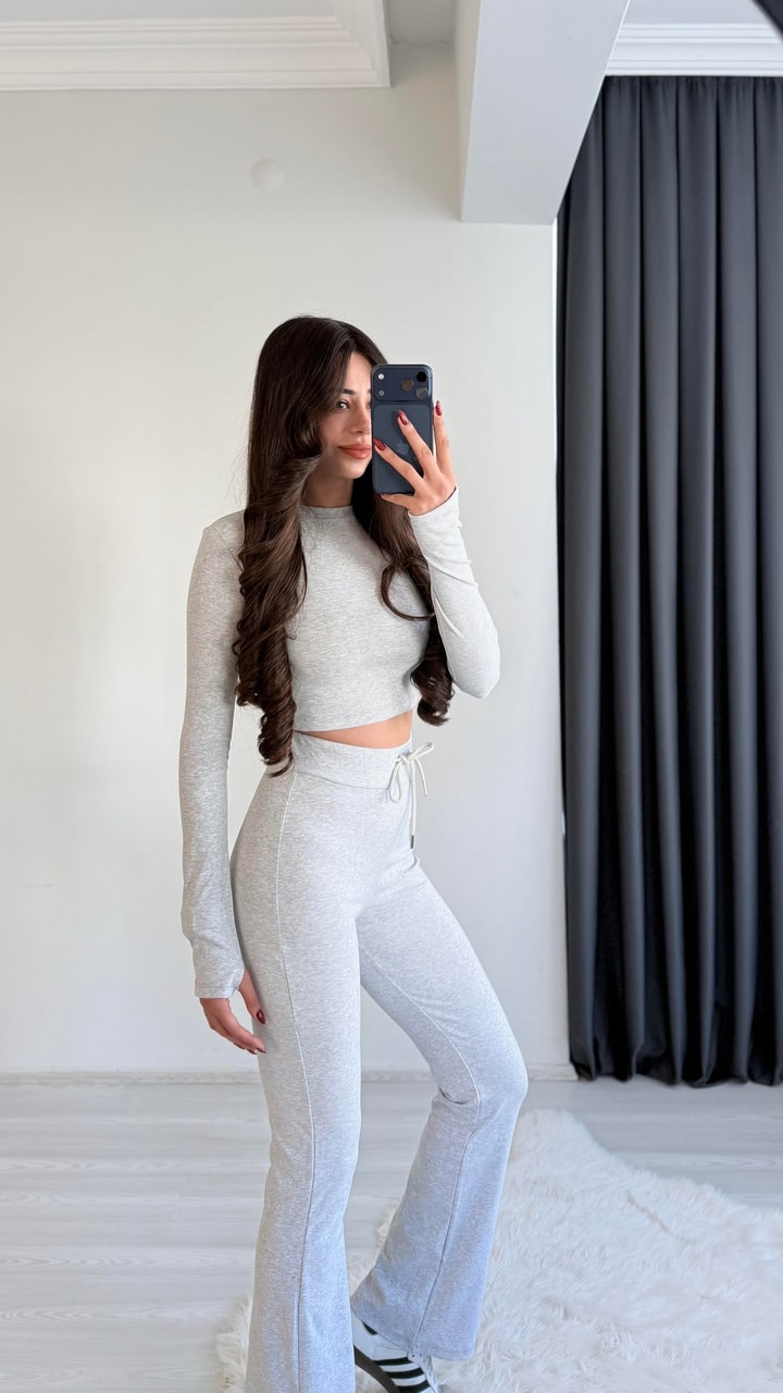 Meyra Orj Marka Gri Melanj Crop Pantolon İkili Takım