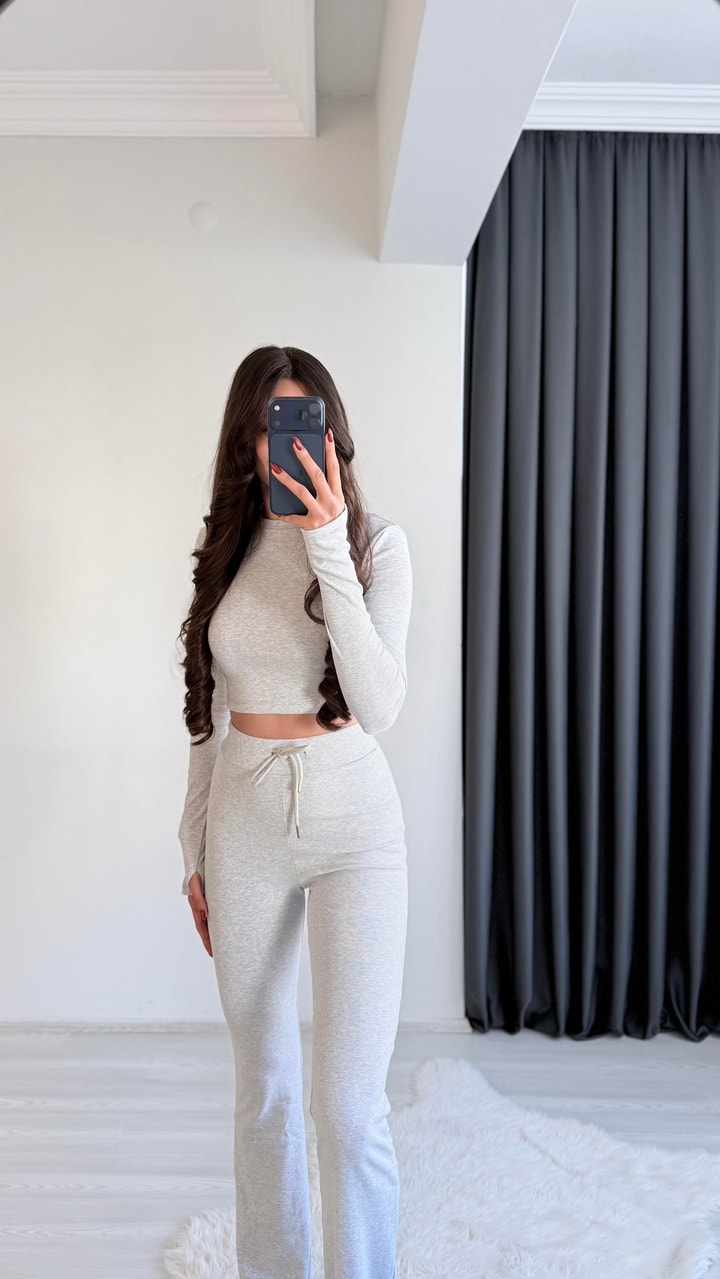 Meyra Orj Marka Gri Melanj Crop Pantolon İkili Takım
