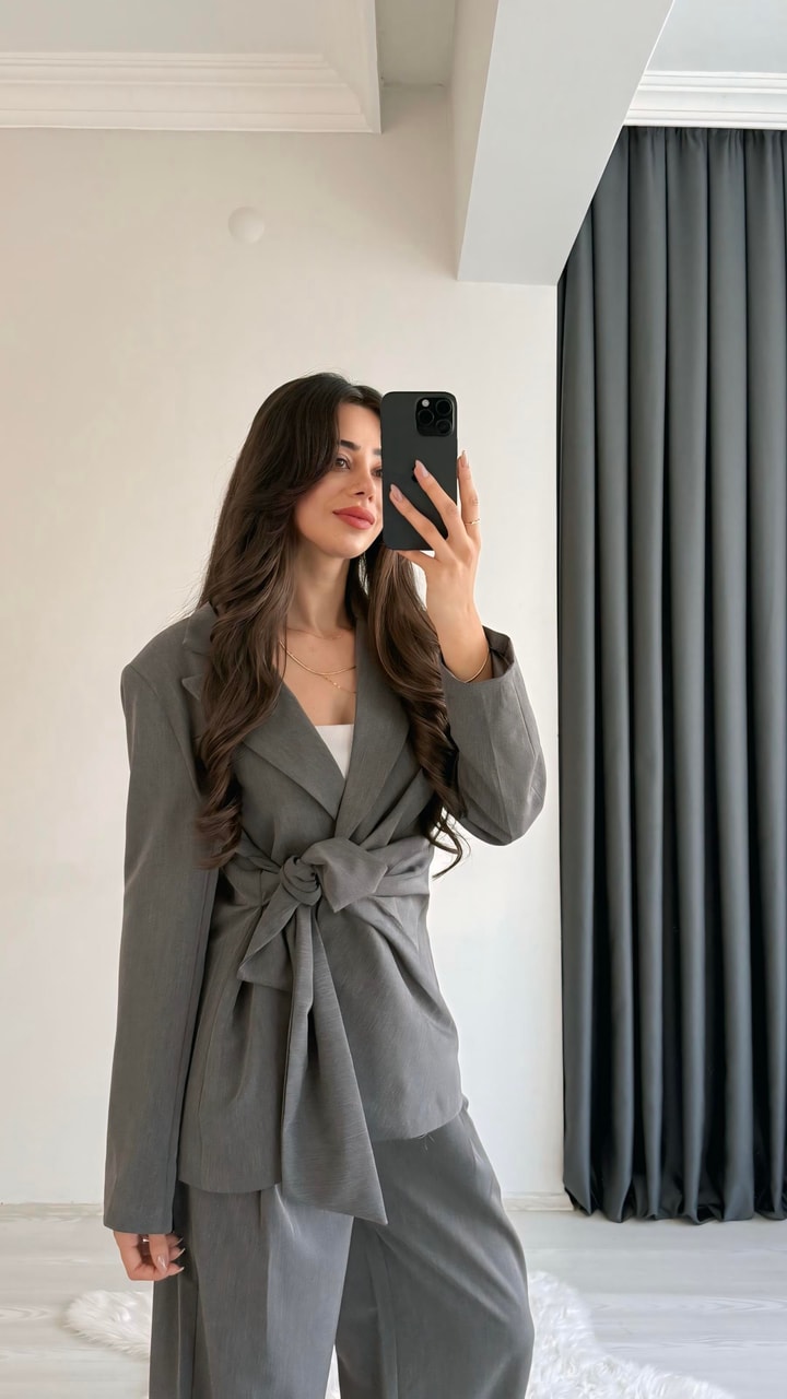 Minella Önü Bağlamalı Vatkalı Blazer Ceket 