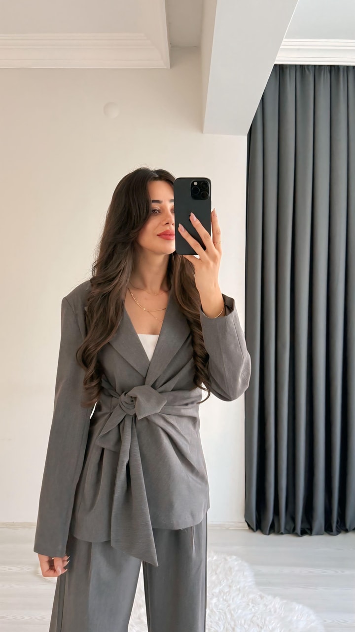 Minella Önü Bağlamalı Vatkalı Blazer Ceket 