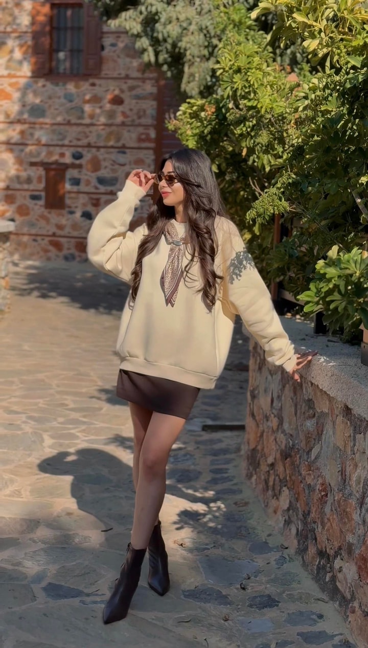 Misi Bej Leopar Baskılı Fularlı Sweatshirt