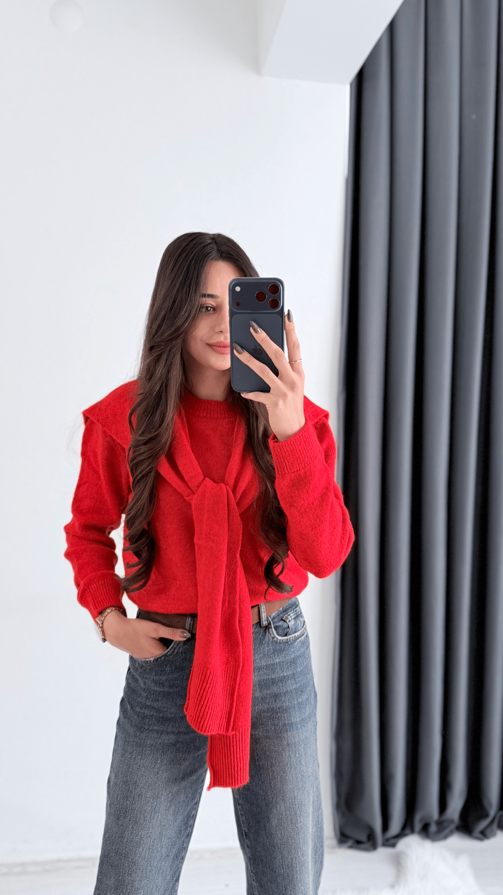 Moche Viral Atkı Detaylı Triko Kazak Kırmızı