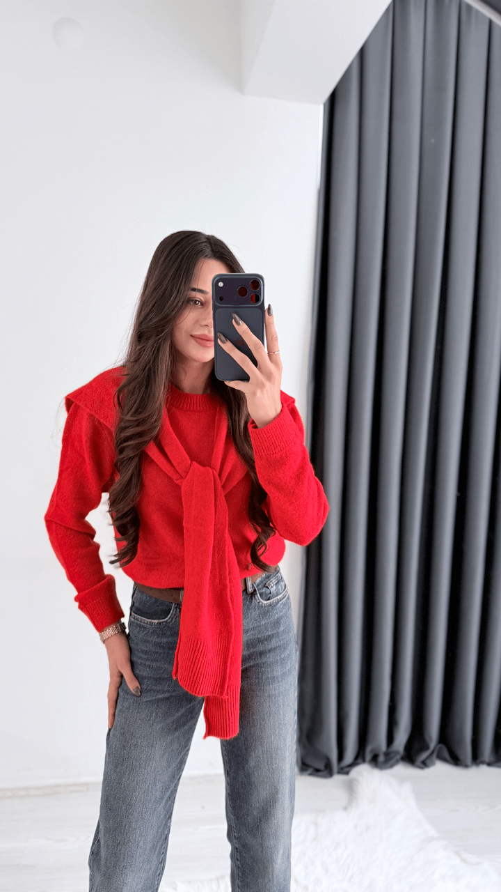 Moche Viral Atkı Detaylı Triko Kazak Kırmızı