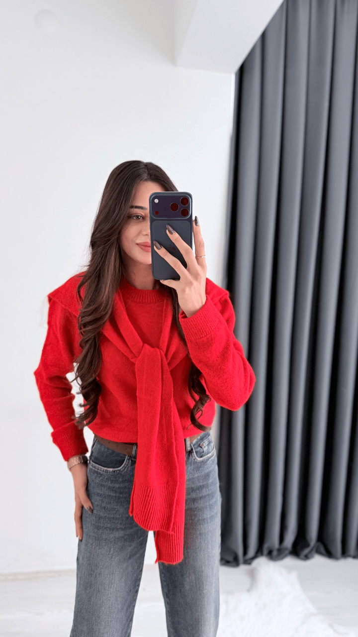 Moche Viral Atkı Detaylı Triko Kazak Kırmızı