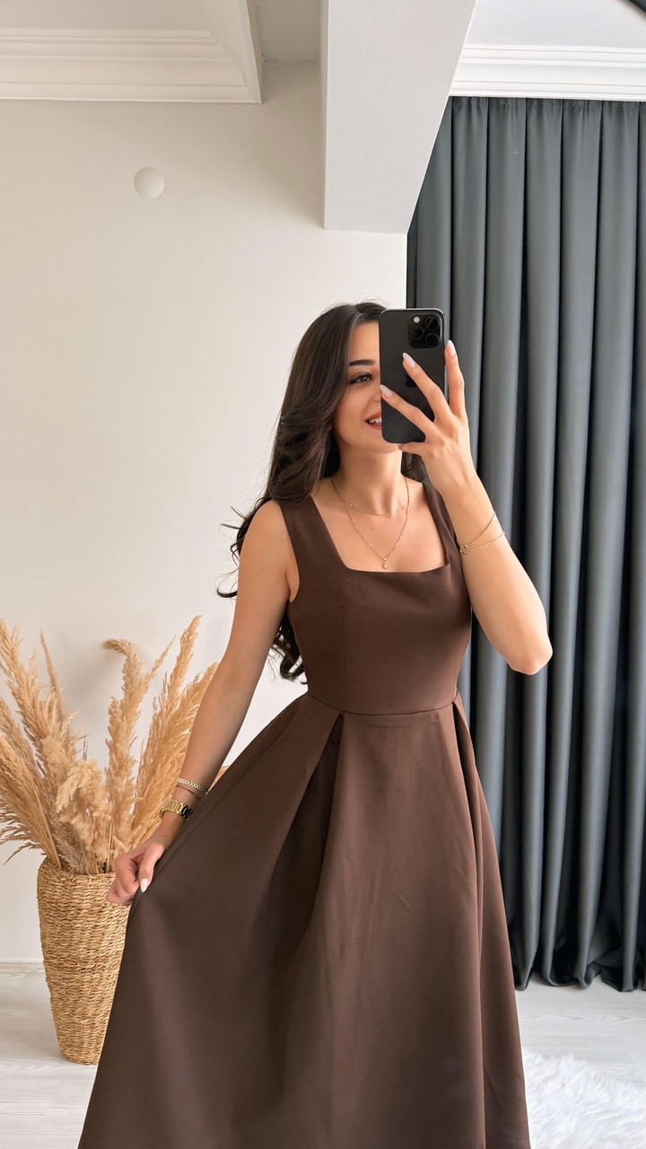 Monge Premium Seri Double Atlas Kumaş Midi Boy Kloş Elbise Kahve