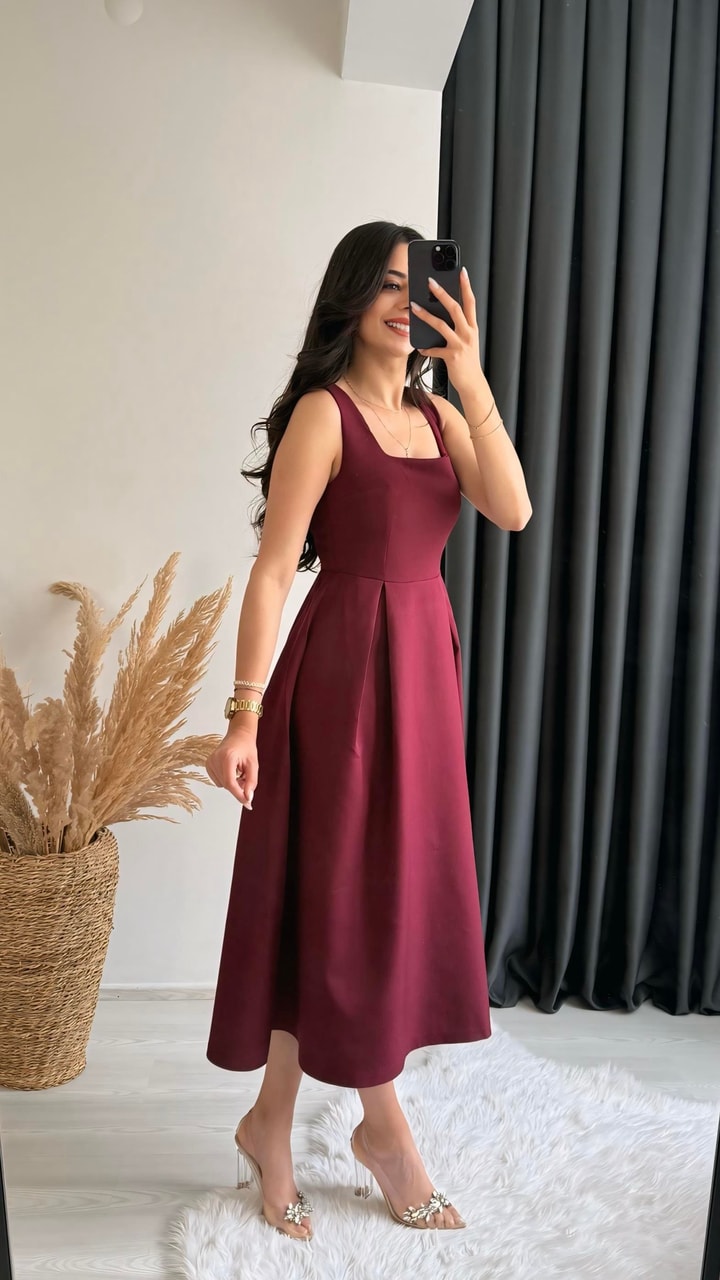 Monge Premium Seri Double Atlas Kumaş Midi Boy Kloş Elbise Bordo