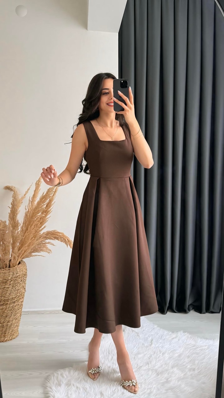 Monge Premium Seri Double Atlas Kumaş Midi Boy Kloş Elbise Kahve