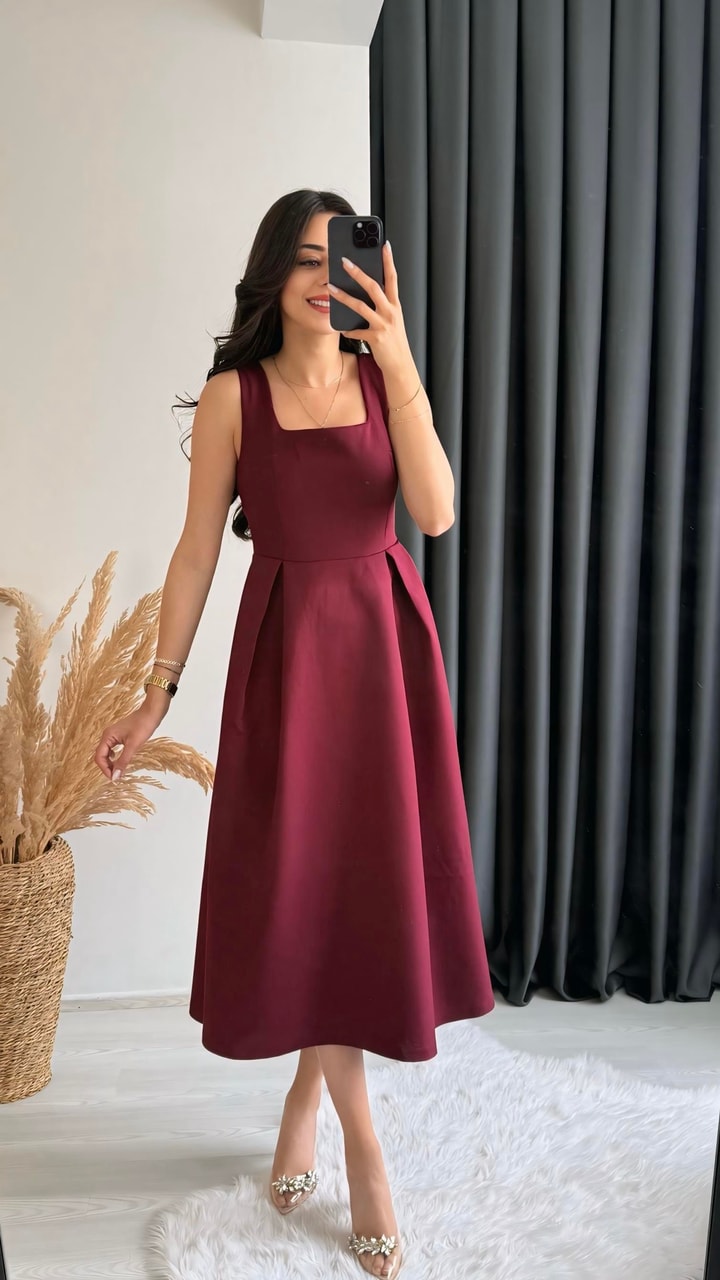 Monge Premium Seri Double Atlas Kumaş Midi Boy Kloş Elbise Bordo