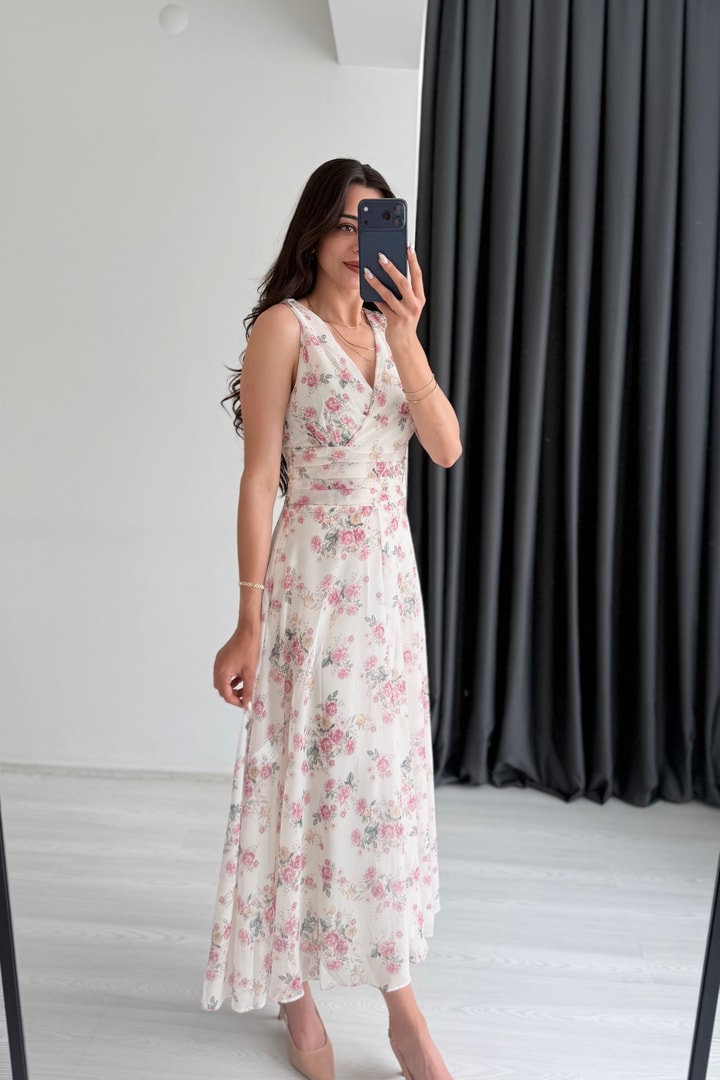 Mosa Şifon Pembe Çiçek Desenli Midi Elbise
