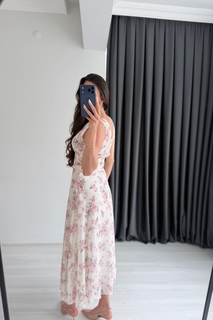 Mosa Şifon Pembe Çiçek Desenli Midi Elbise
