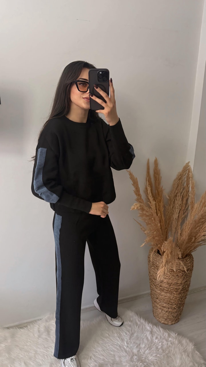 Nomi Yanları Kot Triko Çelik Örme Takım Siyah