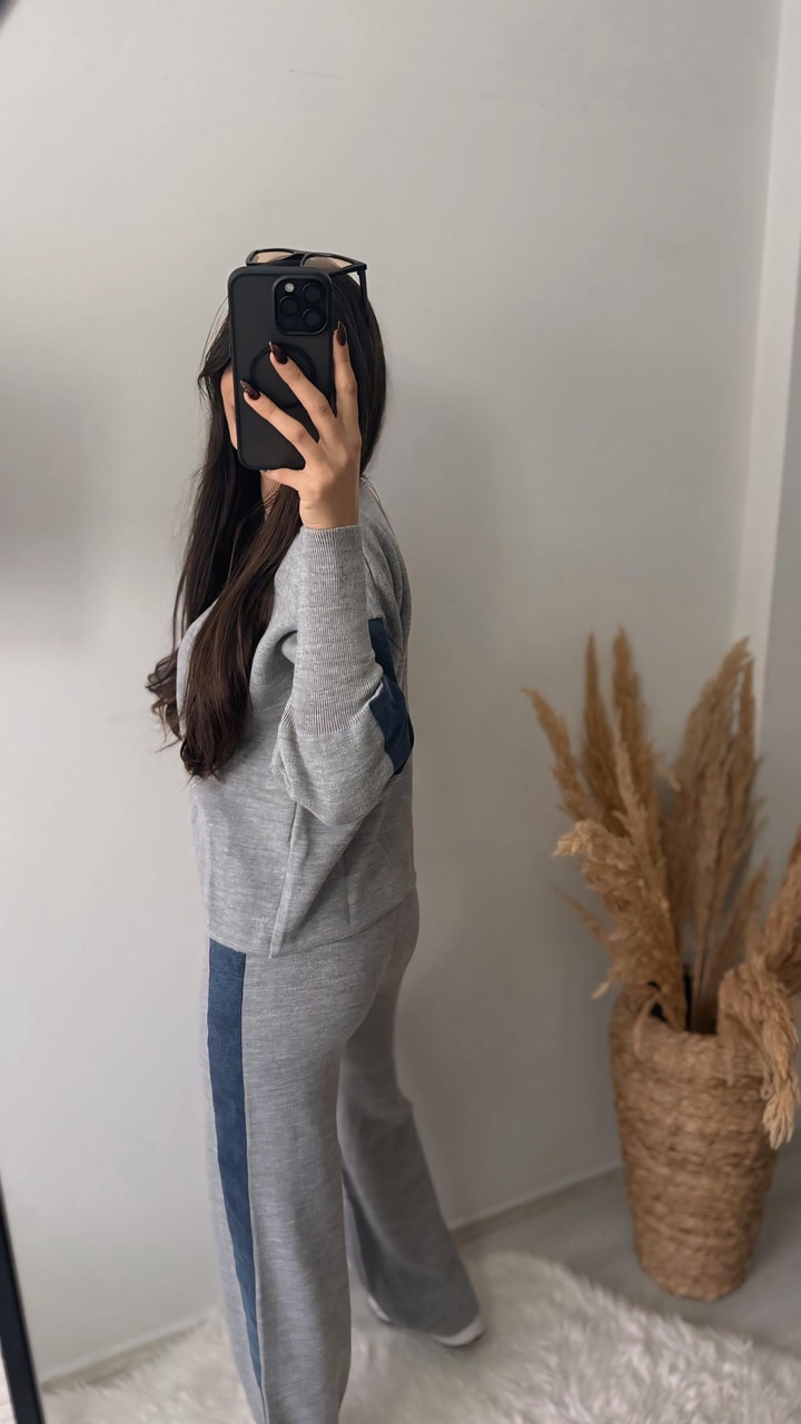 Nomi Yanları Kot Triko Çelik Örme Takım Gri