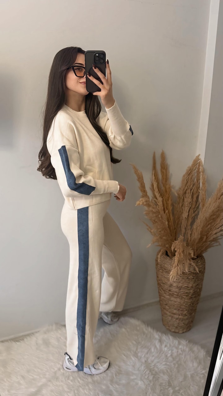 Nomi Yanları Kot Triko Çelik Örme Takım Bej